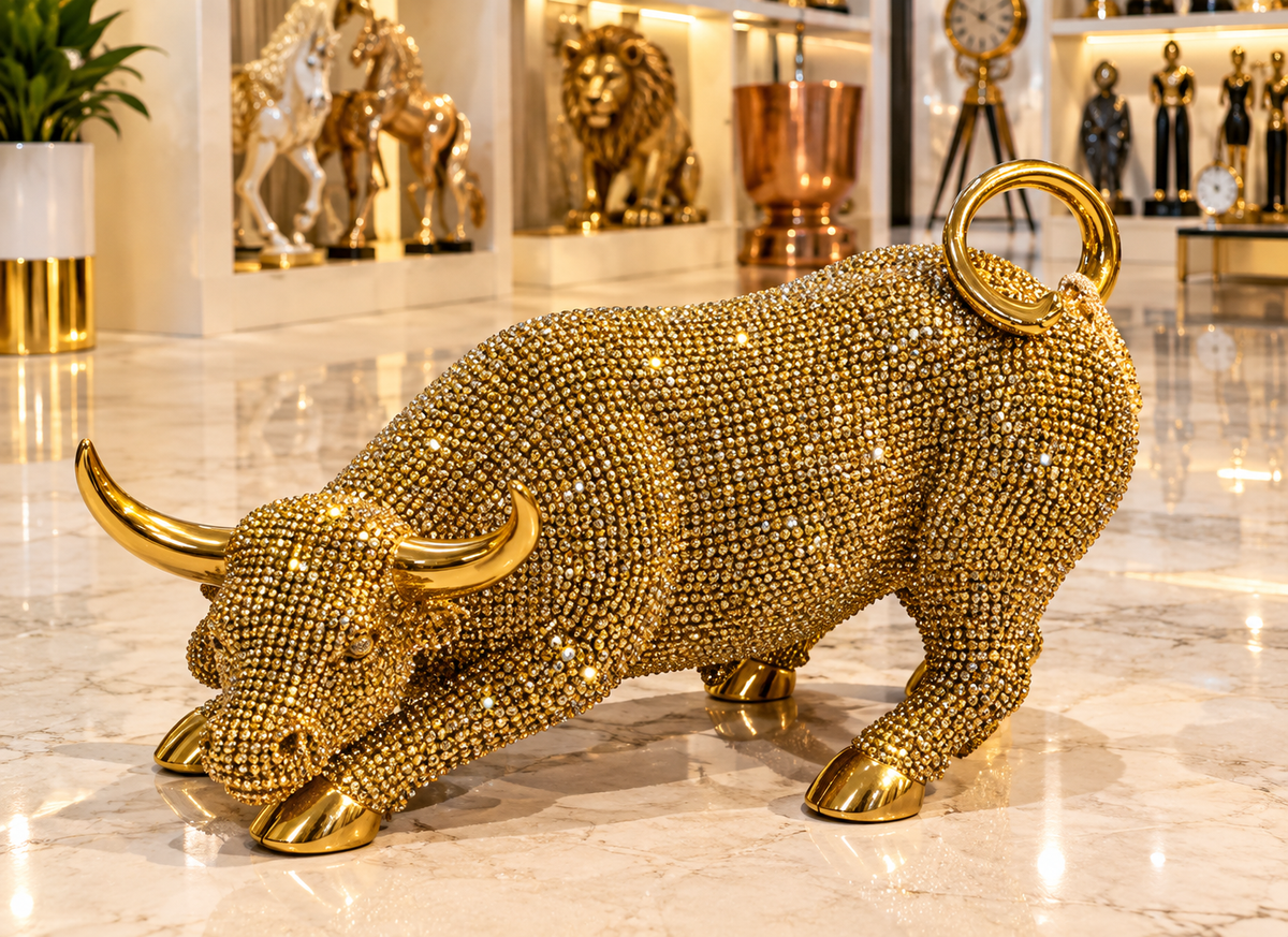 magnificent crystal-encrusted golden bull statue