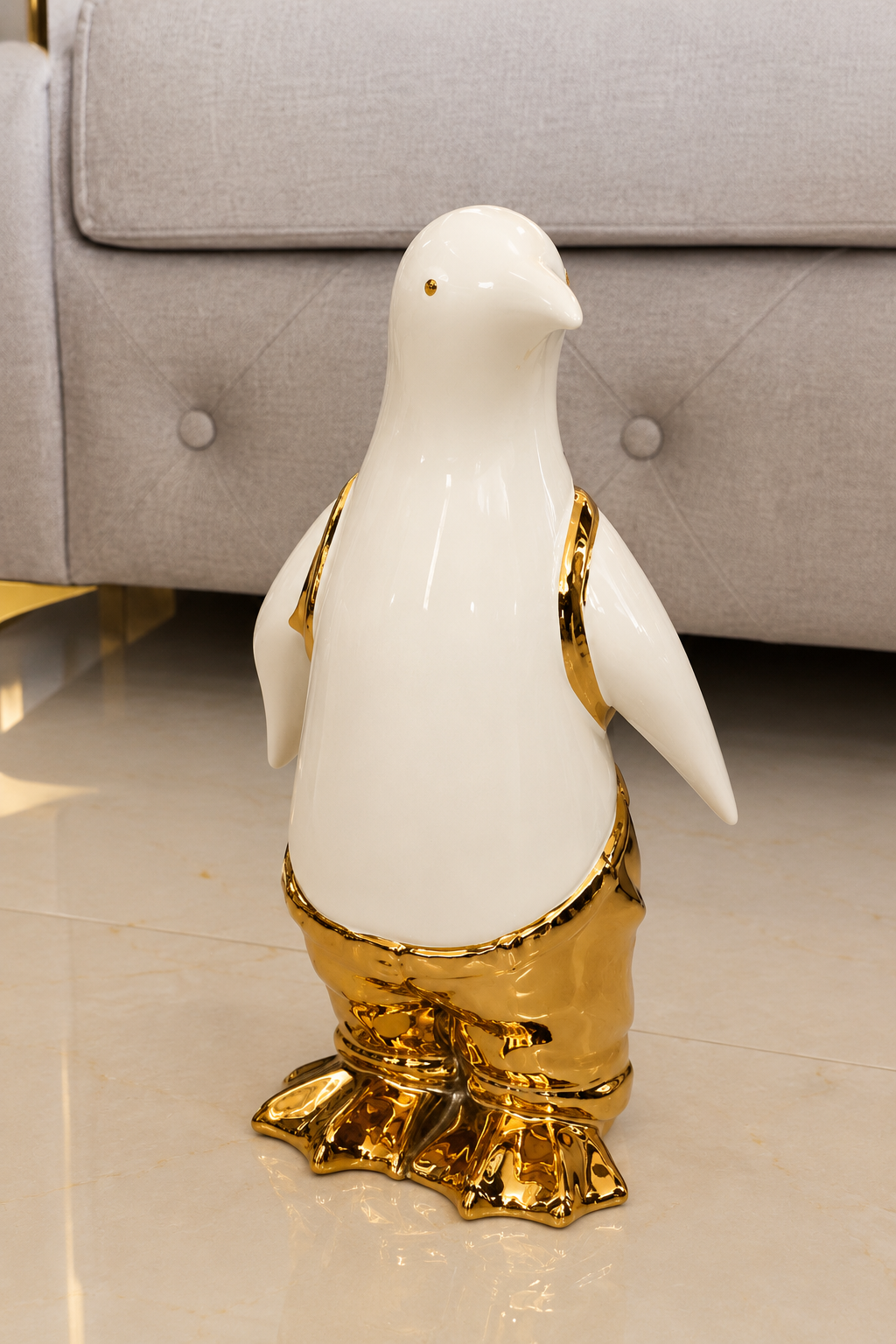 Glossy Ceramic Penguin in Golden Trousers Showpiece