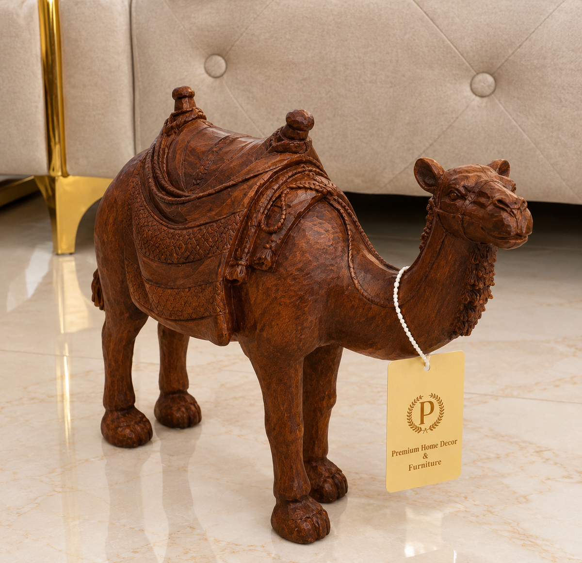 traditional wood-carved style camel figurine