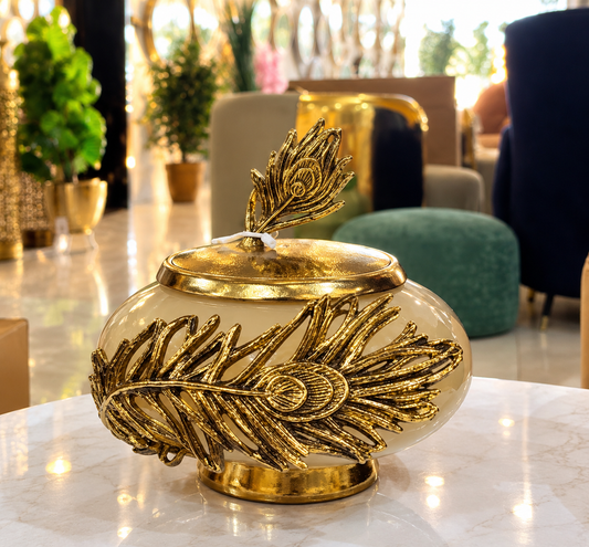 Feathered Flame Peacock Decorative Canister, a stunning luxury tabletop centerpiece from prem