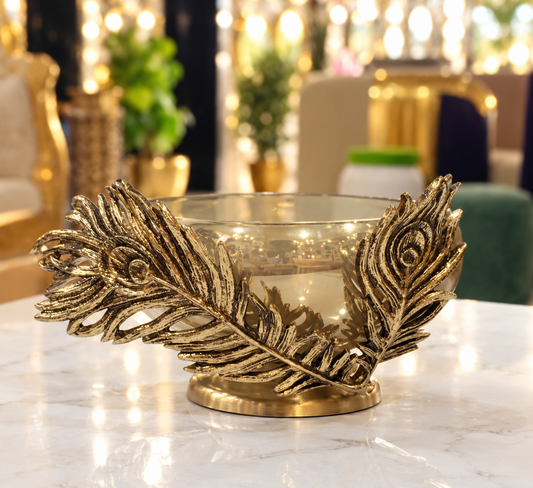Moraico Decorative Alabaster Glass Bowl with Antique Brass Peacock Stand