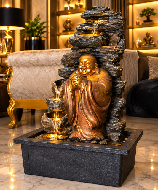 golden-brown polyresin tabletop Laughing Buddha 6-step indoor water fountain