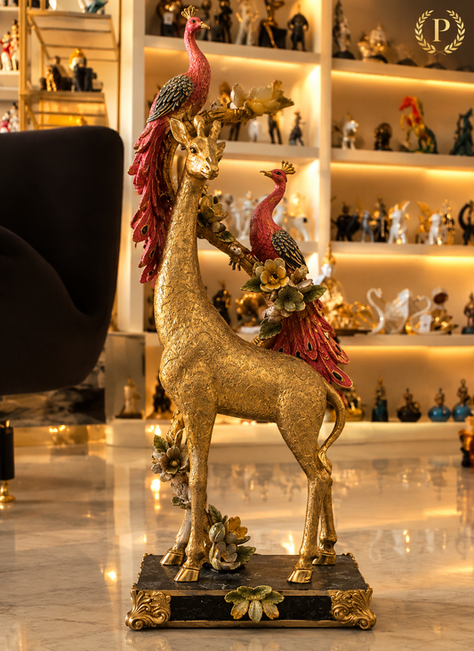luxurious golden giraffe and twin peacock tabletop sculpture