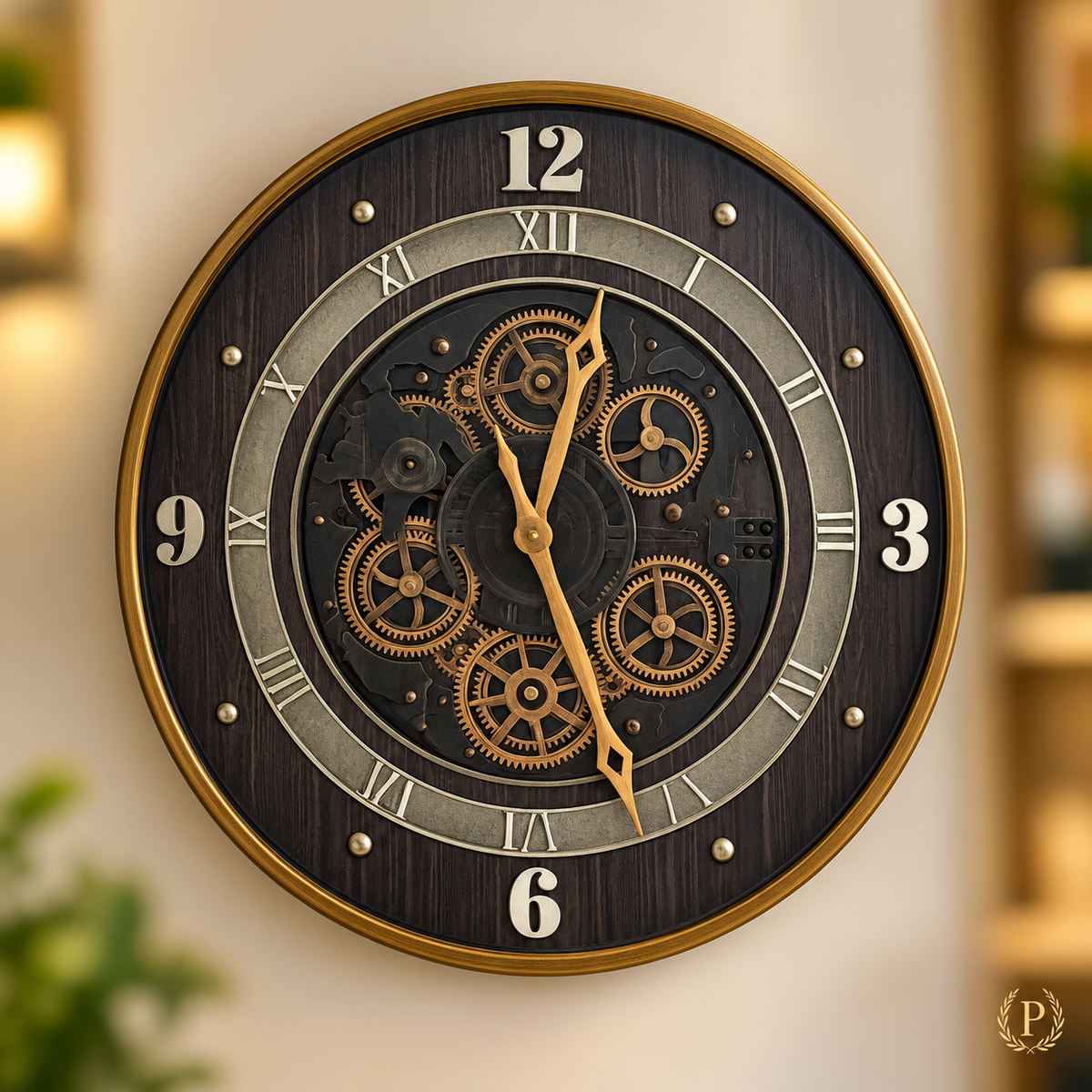 industrial steampunk wooden ring moving gear wall clock