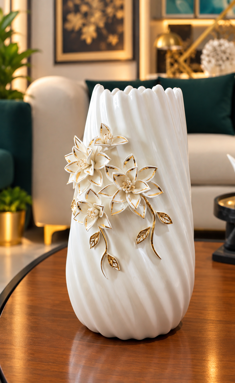 tall 3D floral ceramic luxury tabletop vase