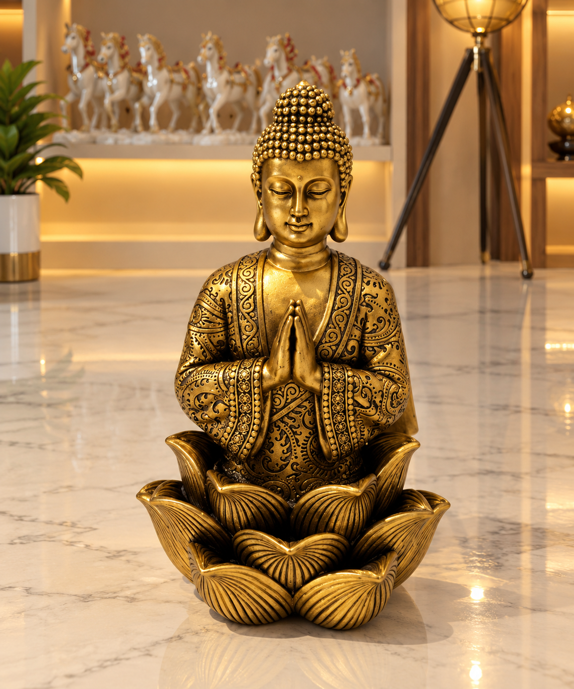 Golden Meditating Buddha on Lotus Pedestal