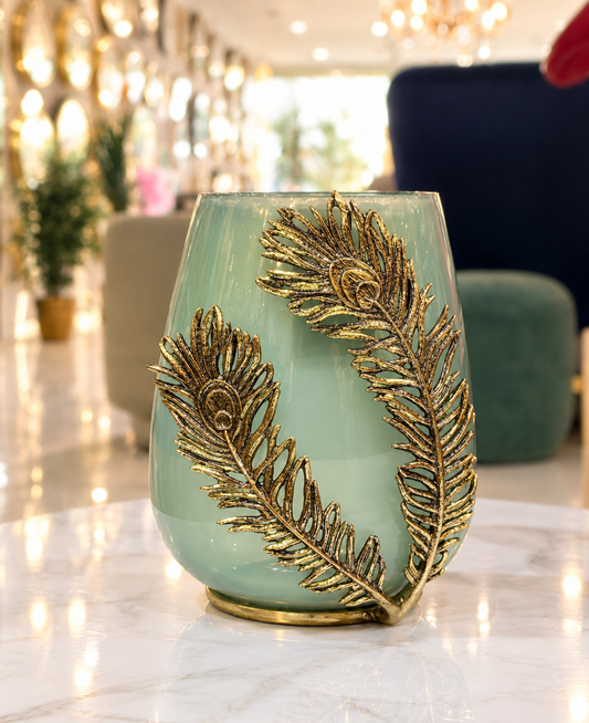 Feathered Flame Peacock Accent Vase in Mint Green