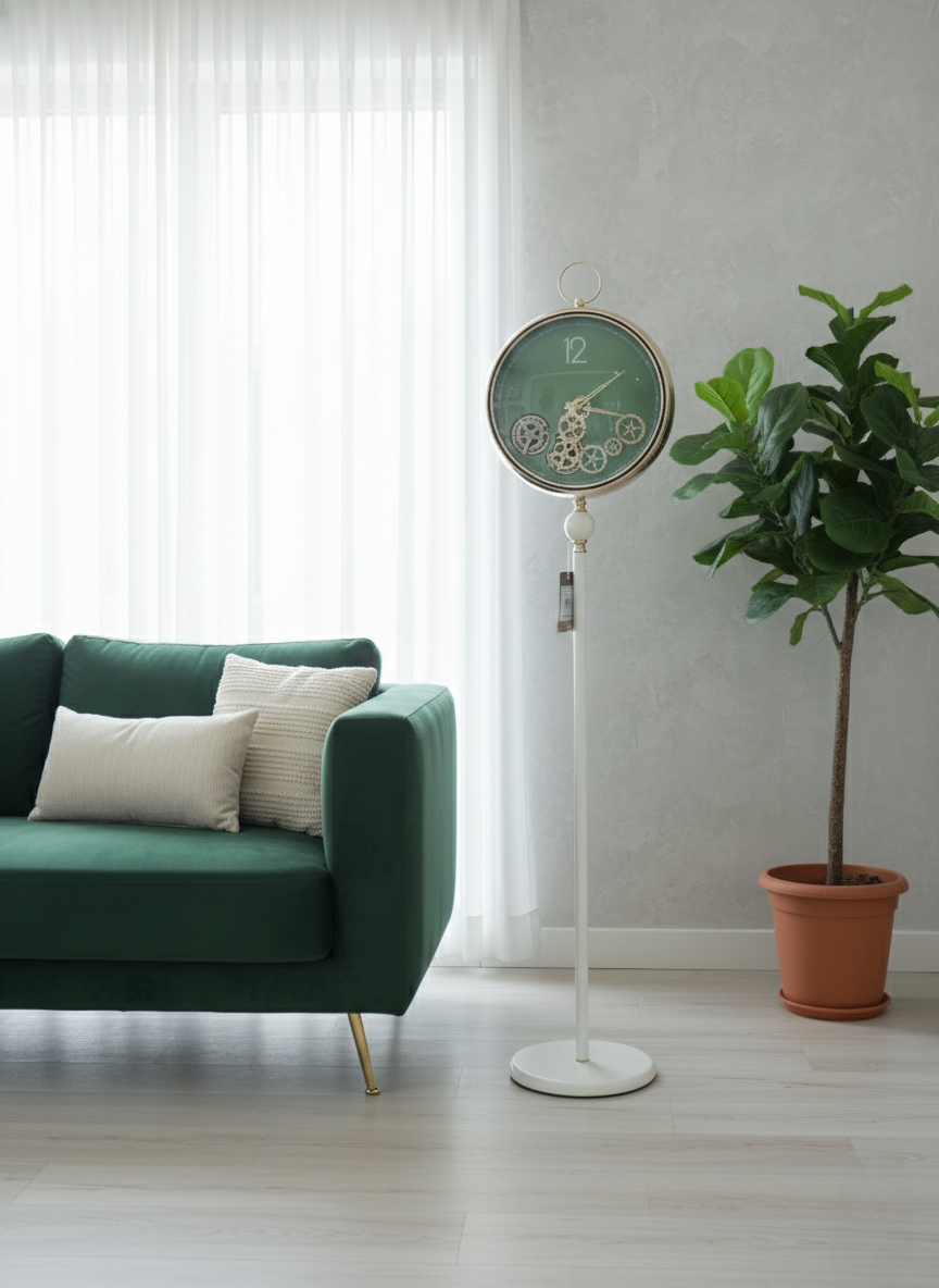 Modern Gear Display Standing Floor Clock with Working Gear – White & Gold | Premium Home Decor