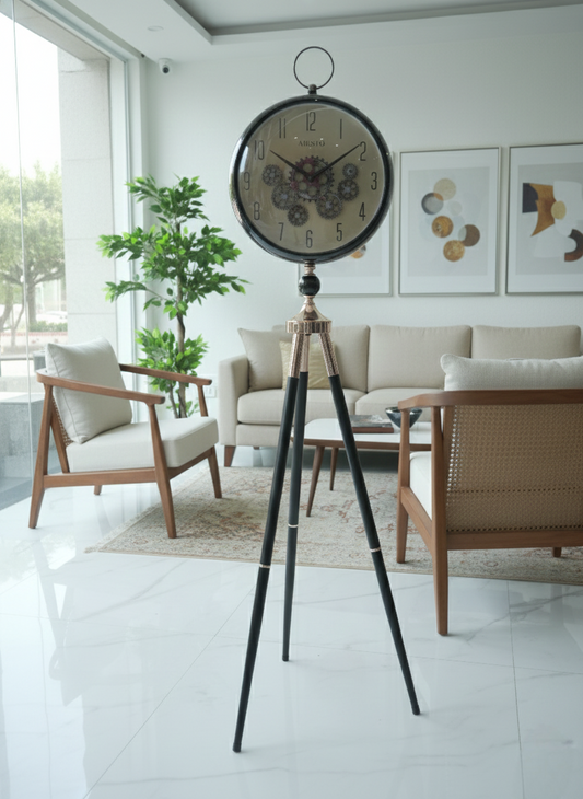 Vintage Industrial Tripod Floor Clock  with Working Gear – Black & Copper | Premium Home Decor