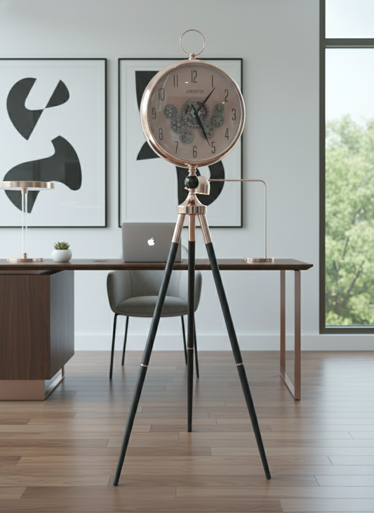 Luxury Tripod Floor Clock with Working Gear– Rose Gold & Black | Premium Studio Decor