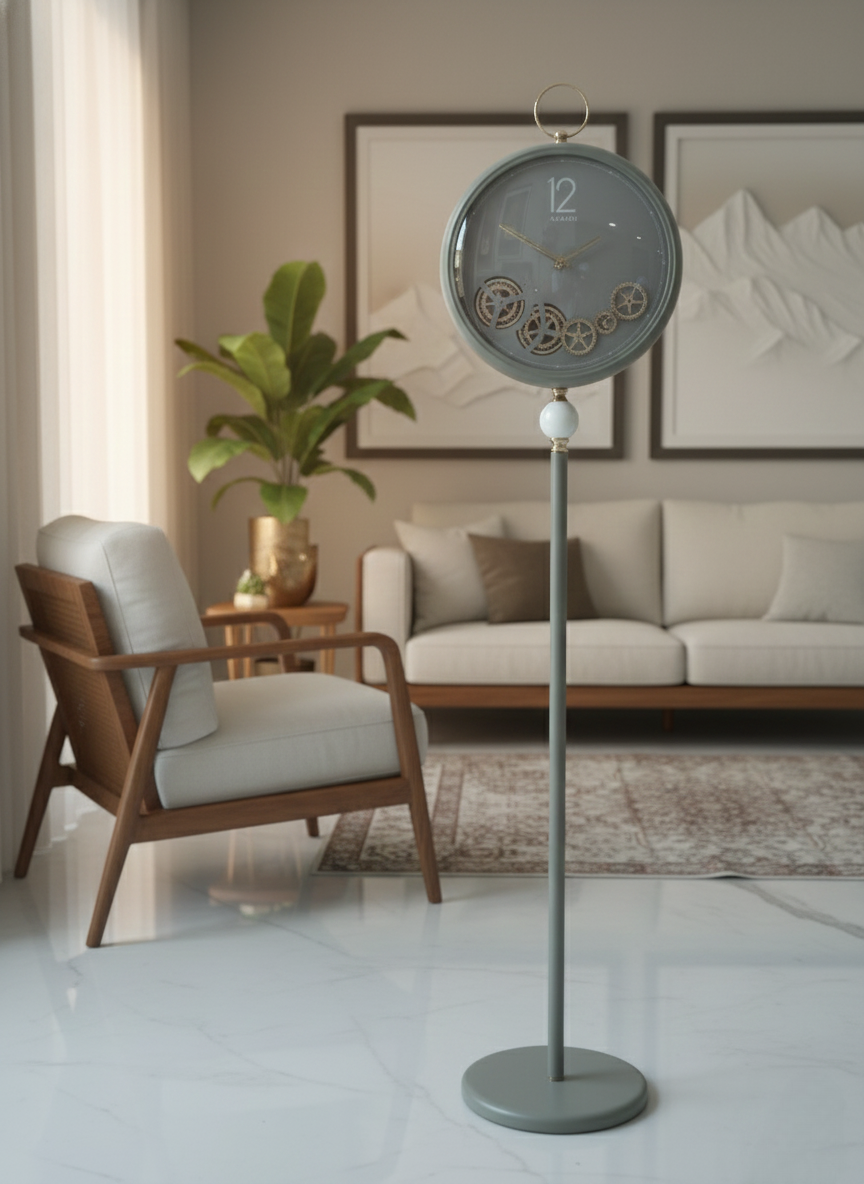 Modern Gear Display Standing Floor Clock with Working Gear – Grey & Gold | Luxury Home Decor