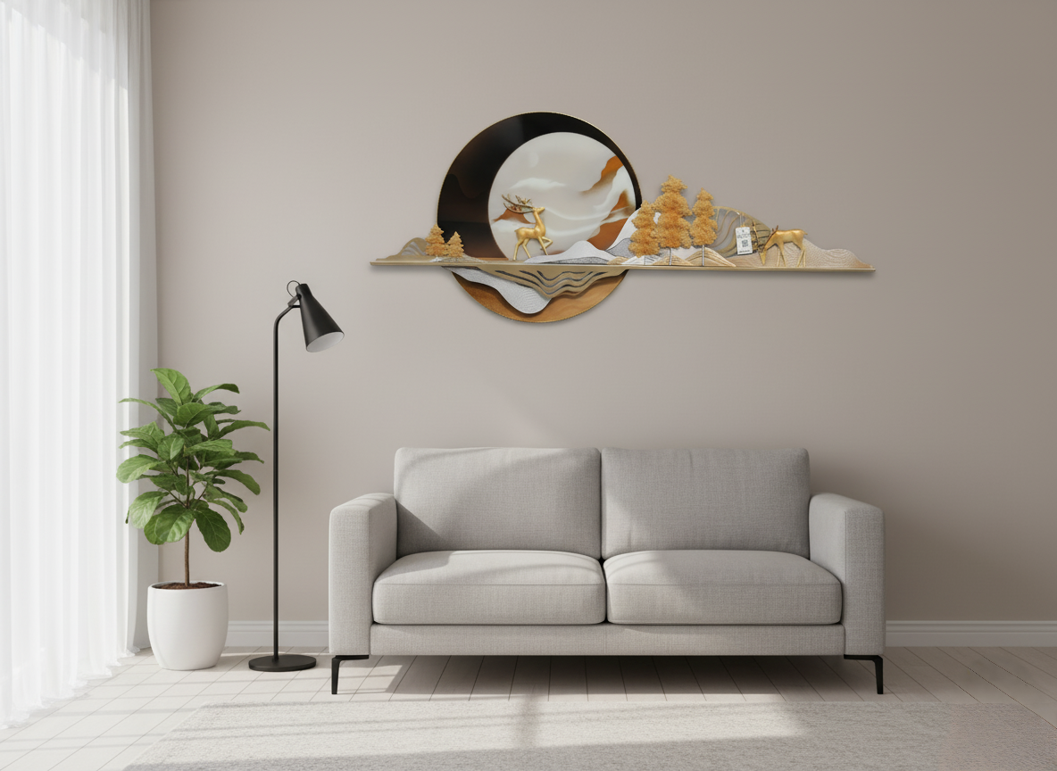 Golden Serenity – Metal Wall Art with Deer & Mountain Landscape