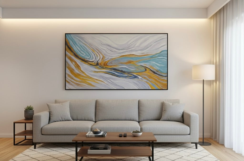 Ethereal Currents – Modern Abstract Painting with black aluminium profile