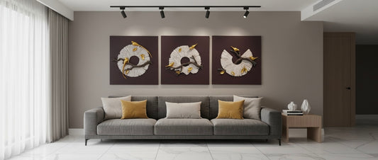 Auric Symphony – Modern WOODEN BASED CEREMIC Wall MURAL SET OF THREE