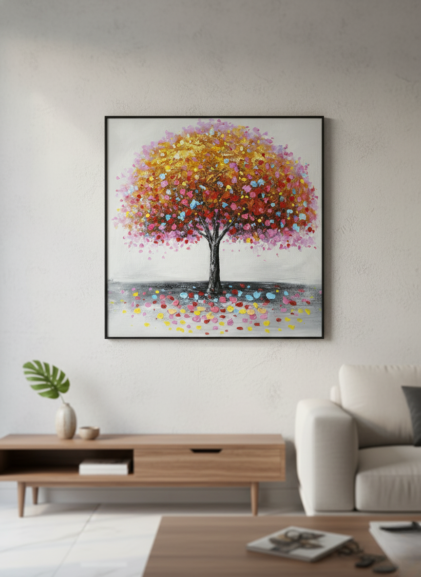 Blossom Symphony – Handcrafted Abstract Tree Handmade Painting with aluminium profile