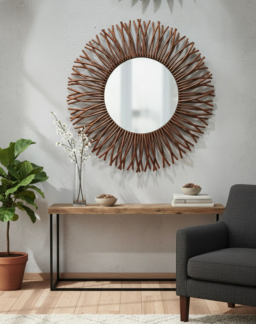 Rustic Radiance – Handcrafted Wooden Wall Mirror