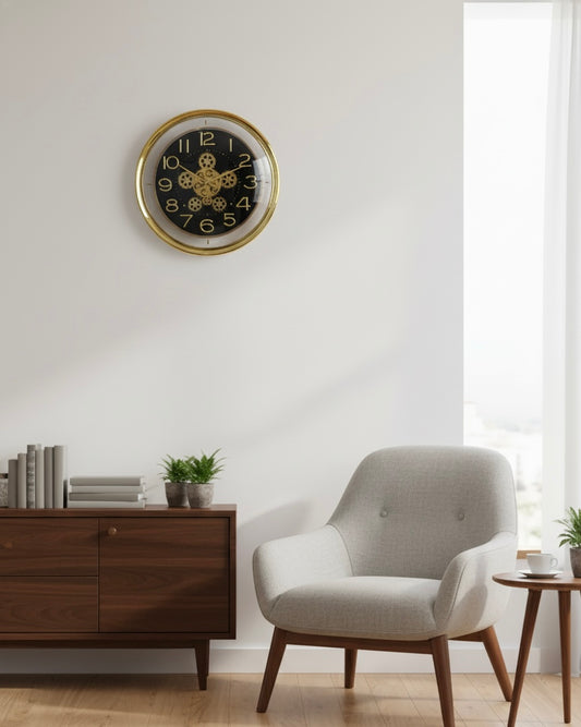 NoirGear – Black & Gold Mechanical Wall Clock WITH WORKING GEAR
